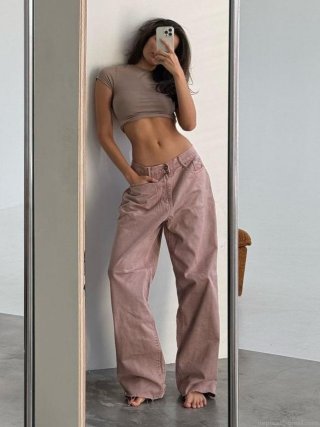 Women's Dirty Pink Wide Leg Jeans Cotton Blend Low Waist Loose Straight Denim Pants Y2K Streetwear Chic Trousers For Women