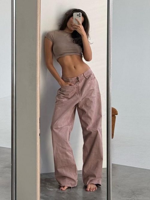 Women's Dirty Pink Wide Leg Jeans Cotton Blend Low Waist Loose Straight Denim Pants Y2K Streetwear Chic Trousers For Women