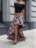 Women's Elegant Plaid Irregular Midi Skirt High Waist Asymmetric Ruffle Cotton Blend Woven Pink Houndstooth Skirt For Daily Commuting Office Dating