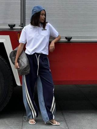 Women's Casual Patchwork Denim Wide Leg Pants Striped Loose Cotton Trousers With Elastic Drawstring Waist Streetwear Joggers For Women