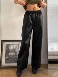 Women's High Waist Wide Leg Faux Leather Pants American Retro Streetwear Loose Straight PU Leather Trousers With Drawstring For Women Casual Daily Wear