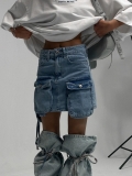 Women's Light Blue Denim Cargo Mini Skirt With Leg Warmers High Waist Multiple Pockets Washed Cotton Streetwear Jean Skirt Y2K Fashion