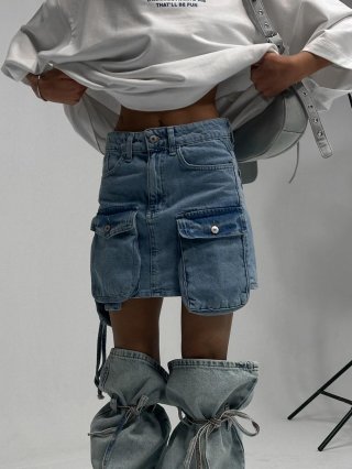 Women's Light Blue Denim Cargo Mini Skirt With Leg Warmers High Waist Multiple Pockets Washed Cotton Streetwear Jean Skirt Y2K Fashion