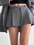 Women's High Waisted Pleated Skorts With Belt Fashion Solid Dark Grey Suit Fabric A-Line Short Skirt Pants For Office Commuting Daily Casual Ladies