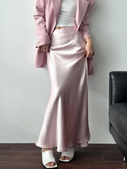 Women's Elegant Satin Midi Skirt High Waist Solid Color Bias Cut Silk Texture A-Line Fish Tail Skirt For Office Daily Commuter Wear