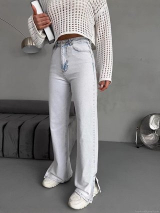 Women High Waist Straight Leg Denim Jeans With Side Split Light Blue Washed Cotton Trousers For Summer Streetwear Chic Lady