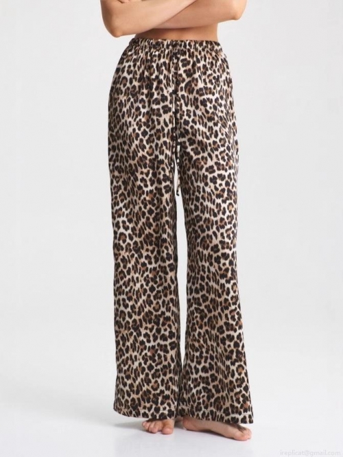 Women's Fashion Leopard Print Wide Leg Pants Elastic High Waist Drawstring Loose Casual Trousers Streetwear Long Pants For Women