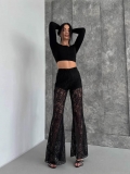 Sexy Women's Black Lace Flare Pants Set High Waisted See-through Floral Mesh Long Trousers With Lining For Summer Party Vacation Trousers