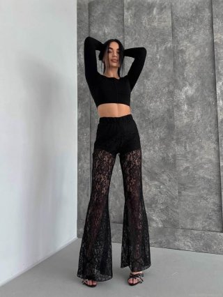 Sexy Women's Black Lace Flare Pants Set High Waisted See-through Floral Mesh Long Trousers With Lining For Summer Party Vacation Trousers