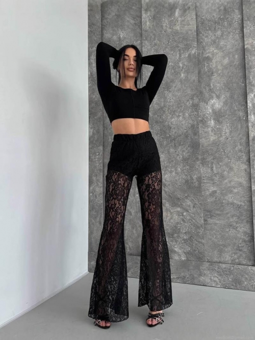 Sexy Women's Black Lace Flare Pants Set High Waisted See-through Floral Mesh Long Trousers With Lining For Summer Party Vacation Trousers
