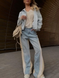 Women's Color Block Patchwork Flare Jeans High Waist Wide Leg Denim Pants With Side Stripes Streetwear Fashion Loose Trousers For Women Trendy Trousers