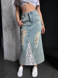Women's Sexy High Waist Distressed Denim Skirt With White Lace Patchwork Long Maxi Skirt Ripped Streetwear Hot Girl Style Casual Summer Streetwear