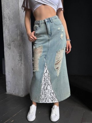 Women's Sexy High Waist Distressed Denim Skirt With White Lace Patchwork Long Maxi Skirt Ripped Streetwear Hot Girl Style Casual Summer Streetwear