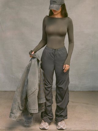 Women's Casual Wide Leg Cargo Pants Cotton Blend Pleated Drawstring High Waist Parachute Trousers Streetwear Fashion Outfits