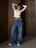 Women's American Vintage High Waist Criss Cross Wide Leg Jeans 100% Cotton Loose Straight Denim Trousers Streetwear Casual Blue Long Pants