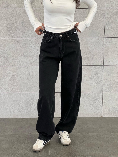 Women's High Waisted Black Wide Leg Jeans Retro American Streetwear 100% Cotton Denim Floor Length Flare Pants Elastic Waist Loose Fit Trousers
