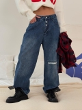 Women Retro High Waist Wide Leg Denim Jeans Distressed Ripped Hole Loose Straight Baggy Long Trousers Casual Streetwear Cotton Blend Pants