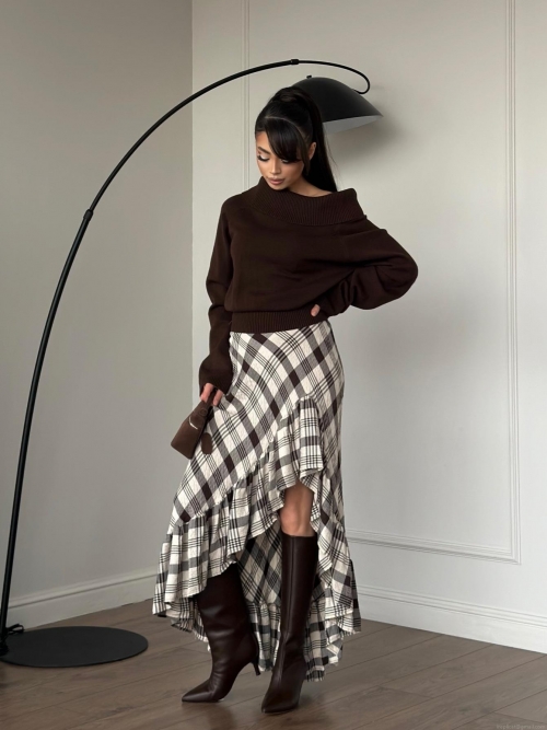 Women's Knitted Plaid Maxi Skirt Irregular Ruffle Hem High Waist Slit A-Line Long Skirt Elegant Autumn Streetwear Chic Bottoms
