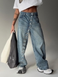 Women American Style Streetwear Denim Jeans Asymmetrical Button Fly Distressed Wash Wide Leg Floor Length Trousers Retro Loose High Street Female Cotton Pants