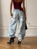 Women's Sexy Retro Light Blue Ripped Wide Leg Jeans High Waist 100% Cotton Distressed Straight Denim Pants Streetwear Mop Floor Trousers