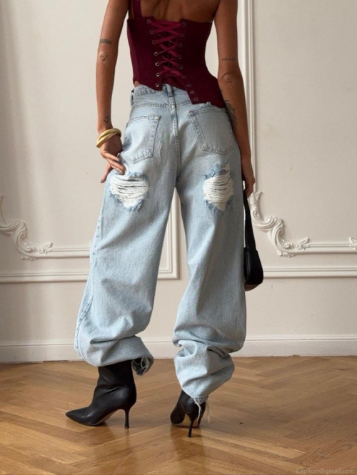 Women's Sexy Retro Light Blue Ripped Wide Leg Jeans High Waist 100% Cotton Distressed Straight Denim Pants Streetwear Mop Floor Trousers