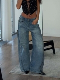 Women's High Waist Wide Leg Jeans 100% Cotton Denim Streetwear Washed Blue Loose Straight Leg Pants American Style Casual Bottoms
