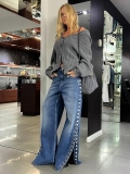Women American High Street Wide Leg Jeans Side Button High Waist Loose Denim Pants Streetwear Fashion Slim Straight Trousers Cotton Denim Casual