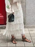 Women's Elegant High Waist Multi-Layer Fringe Tassel Midi Skirt Bohemian Tiered A-Line Skirt For Streetwear Party Vacation