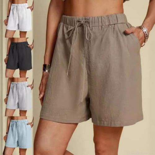 Women's Casual Cotton Linen Shorts High Waist Elastic Drawstring Wide Leg Shorts Summer Loose Breathable Solid Color Shorts with Pockets for Women