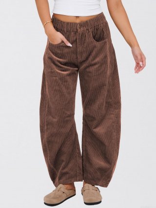 Women High Waist Corduroy Straight Leg Pants Solid Color Loose Casual Trousers With Pockets Autumn Winter Warm Soft Wide Leg Pants For Ladies