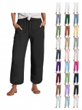 Women's Wide Leg Pants High Waist Cotton Linen Casual Trousers Loose Elastic Waist Drawstring Trousers with Pockets Summer Vacation Vintage Relaxed Fit Bottoms for Women