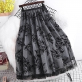 Women's Elegant Leaf Embroidered Mesh Midi Skirt High Waist A-Line Double Layer Tulle Skirt For Autumn Winter Office Daily Commute Fashion Drape Long Skirts