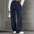 Women's Elegant Navy Blue Pinstripe Wide Leg Pants High Waisted Loose Casual Long Trousers Polyester Autumn Winter Fashion Pants