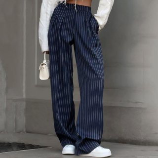 Women's Elegant Navy Blue Pinstripe Wide Leg Pants High Waisted Loose Casual Long Trousers Polyester Autumn Winter Fashion Pants