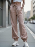 Women's Casual High Waist Jogger Pants Solid Color Drawstring Elastic Cuff Trousers With Pockets Breathable Polyester Blend Sweatpants For Women