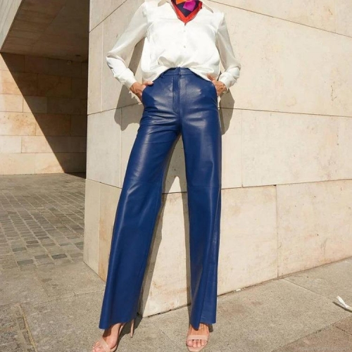 Women's High Waist Faux Leather Pants Fashion PU Straight Leg Wide Trousers Streetwear Casual Fall Winter Long Pants