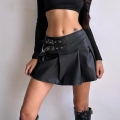 Women's Punk PU Leather Pleated Mini Skirt With Double Metal Buckles High Waist Gothic Streetwear A-Line Short Skirt