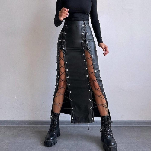 Women Sexy PU Leather High Waist Maxi Skirt Punk Gothic Side Lace Up Split Bodycon Long Pencil Skirt Clubwear Streetwear