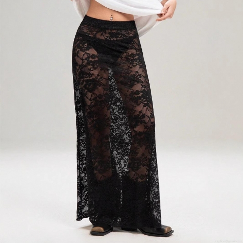 Women Sexy Floral Lace See-Through Midi Skirt High Waist Mesh Hollow Out Streetwear Summer Party Bodycon Long Skirts