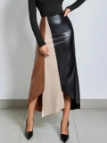 Women's High Waist PU Leather Midi Skirt Color-block Asymmetric Hem Zipper Front Faux Leather Pencil Skirt Slim Fit Autumn Winter Streetwear Ladies Bottoms