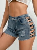 Sexy High Waist Ripped Denim Shorts for Women With Side Cut-Out Letter Print Webbing Distressed Fringe Hem Summer Jean Shorts