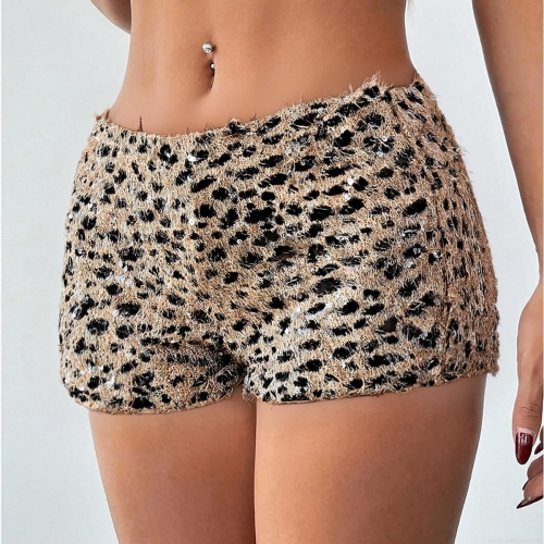 Sexy Leopard Print Sequin Hot Pants Low Waist Slim Fit Booty Shorts For Women Party Club Nightwear Polyester Spandex Short Trousers