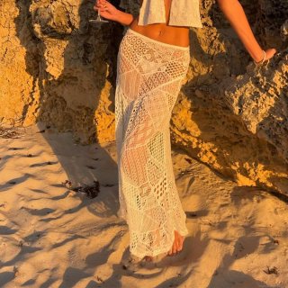 Women's Sexy Crochet Lace Mermaid Skirt Bohemian Hollow Out See-through Low Waist Long Skirt for Beach Vacation Date White
