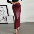 Women's High Waist Faux Leather Maxi Skirt Slim Fit Back Slit PU Leather Long Straight Skirt Vintage Streetwear Wine Red Pencil Skirt Casual Party Wear