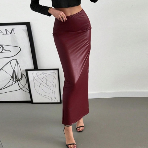 Women's High Waist Faux Leather Maxi Skirt Slim Fit Back Slit PU Leather Long Straight Skirt Vintage Streetwear Wine Red Pencil Skirt Casual Party Wear