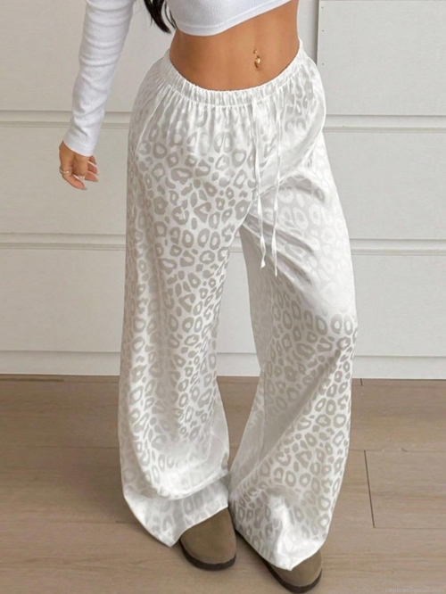 Women's Leopard Print Satin Wide Leg Pants Casual Elastic Drawstring Waist Long Trousers High Quality Sleepwear Home Wear For Women