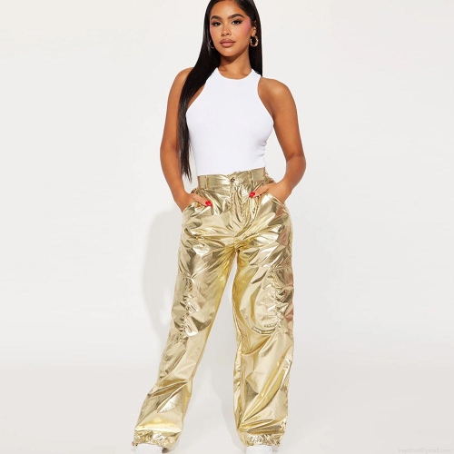 Women's Metallic Shiny Cargo Pants High Waist Loose Streetwear Joggers With Pockets Fashion Y2K Party Trousers Stretch Metallic Leather Pants