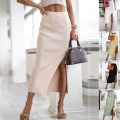 Women's Ribbed Knit Midi Skirt Elegant High Waist Side Split Button Decoration Slim Fit Pencil Skirt Summer Solid Color Commuter Style Knit Skirt