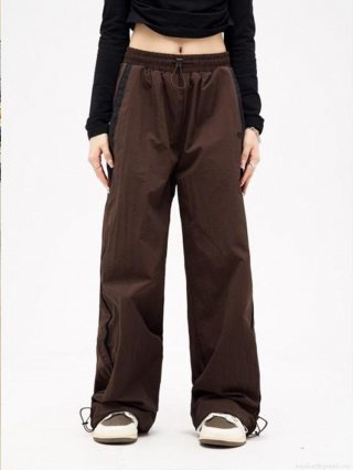 Women High Waist Wide Leg Sports Pants Loose Contrast Side Stripe Drawstring Casual Streetwear Trousers For Sports Outdoor Daily