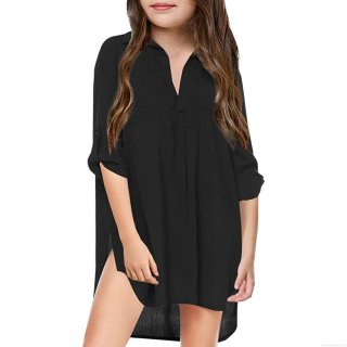 Women's Deep V-Neck Chiffon Beach Cover Up Shirt Loose Solid Color Long Sleeve Swimsuit Smock Maternity Beachwear Blouse With Side Slit